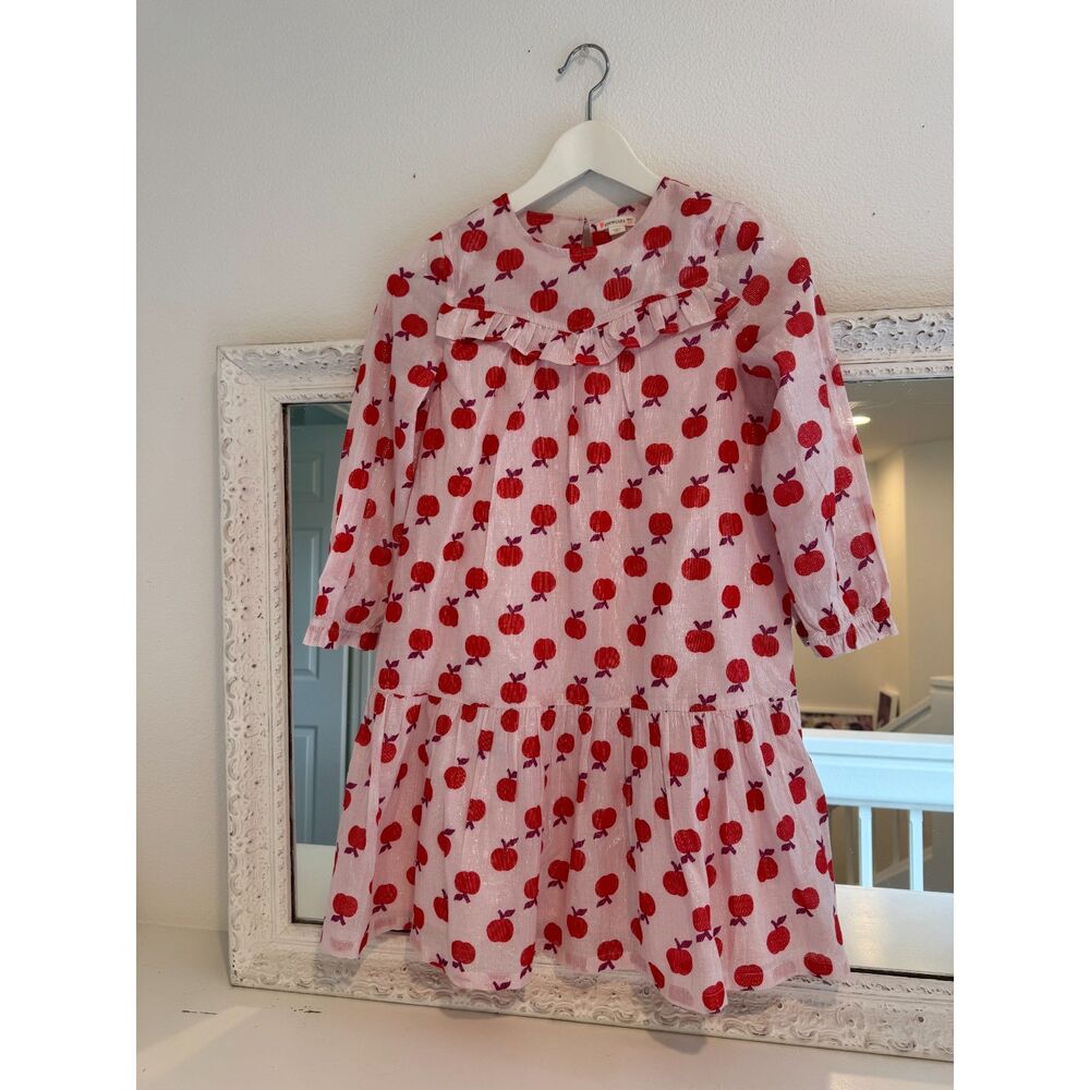 J. Crew Crewcuts Pink Red Metallic Apple Print Long Sleeve Dress Girl’s Size 10